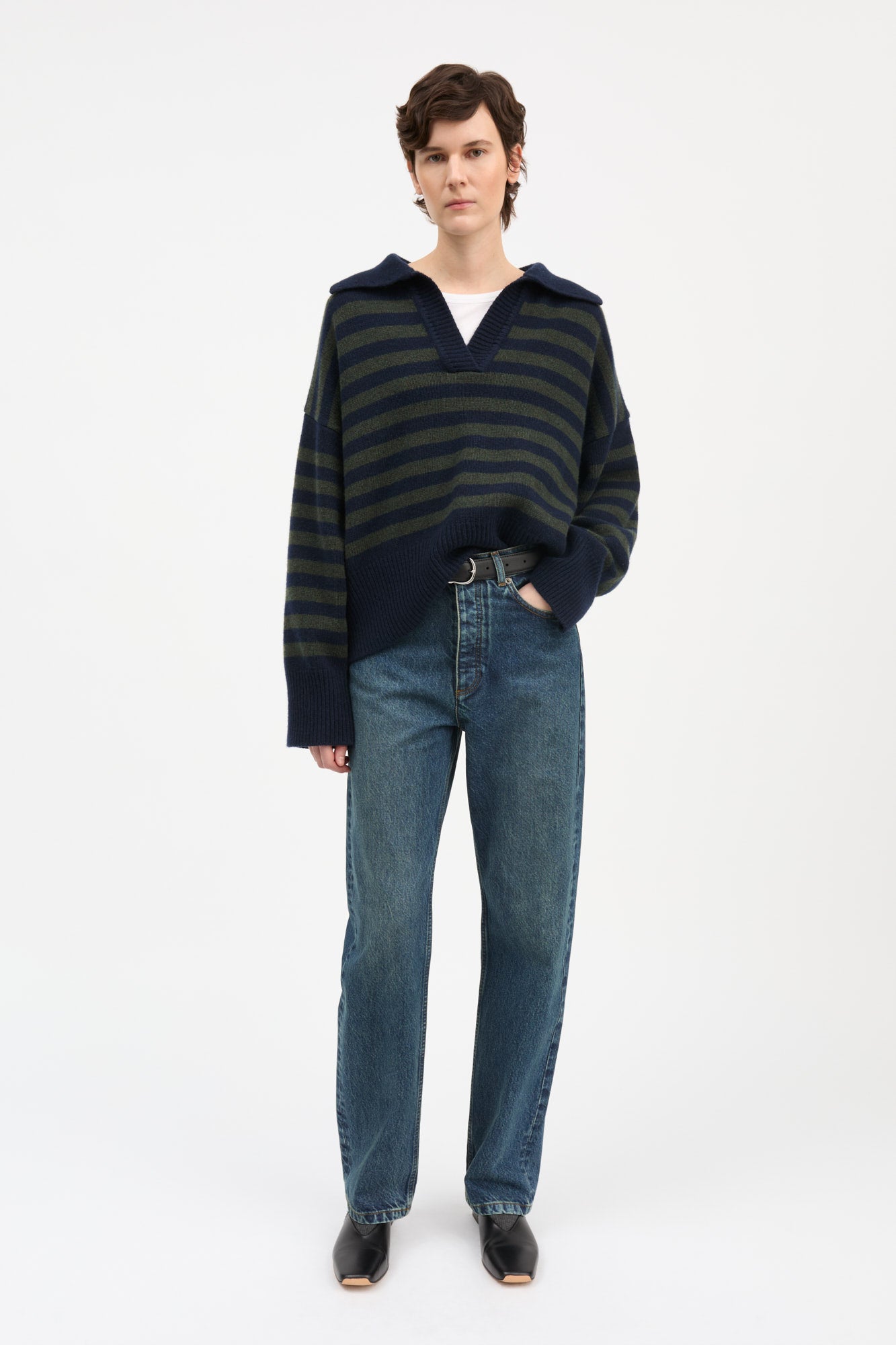Skall Studio Dean V-neck jumper Jumper Navy/Dark green stripe